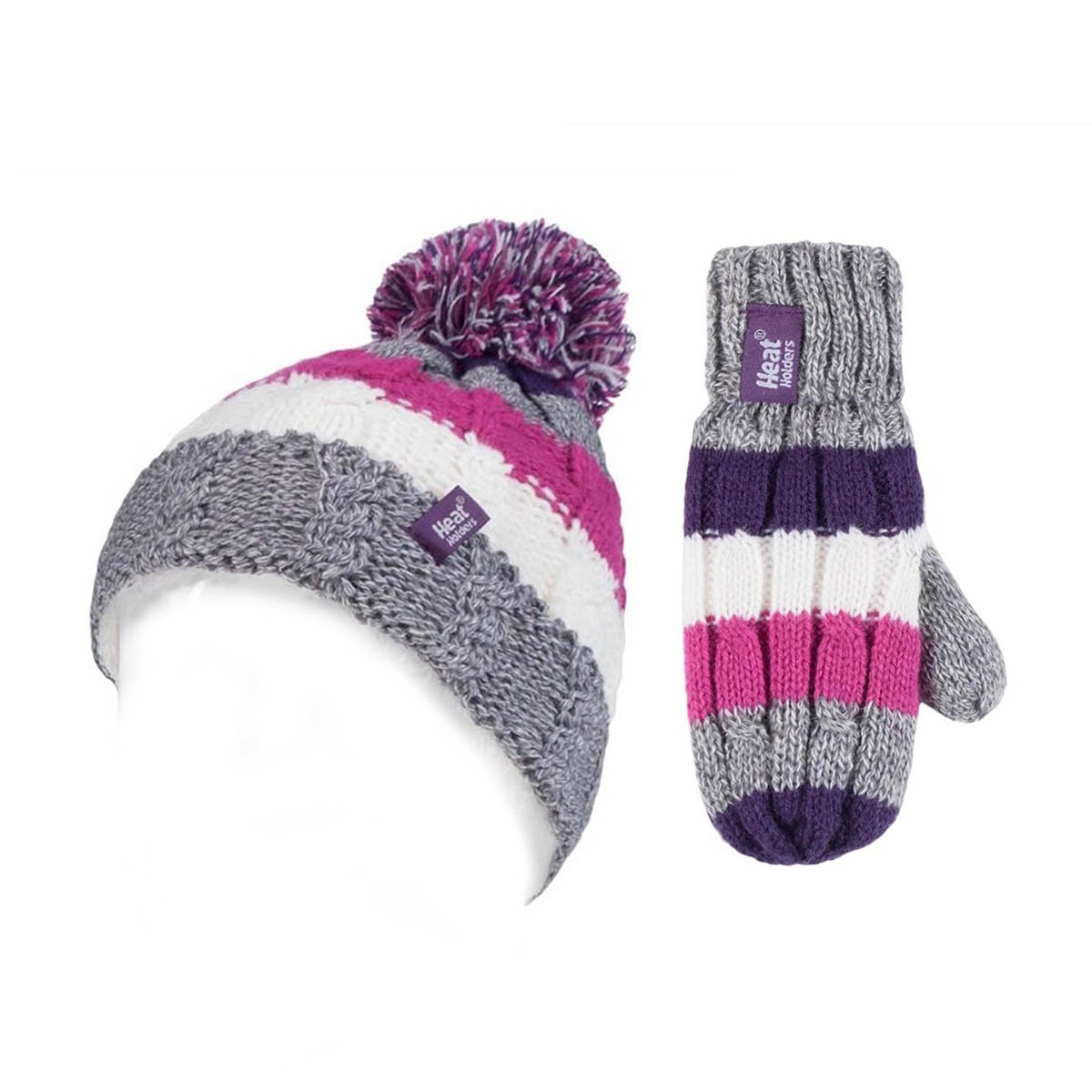 HEATHOLDERS - CABLE TURN OVER HAT WITH POM POM & MITTENS
